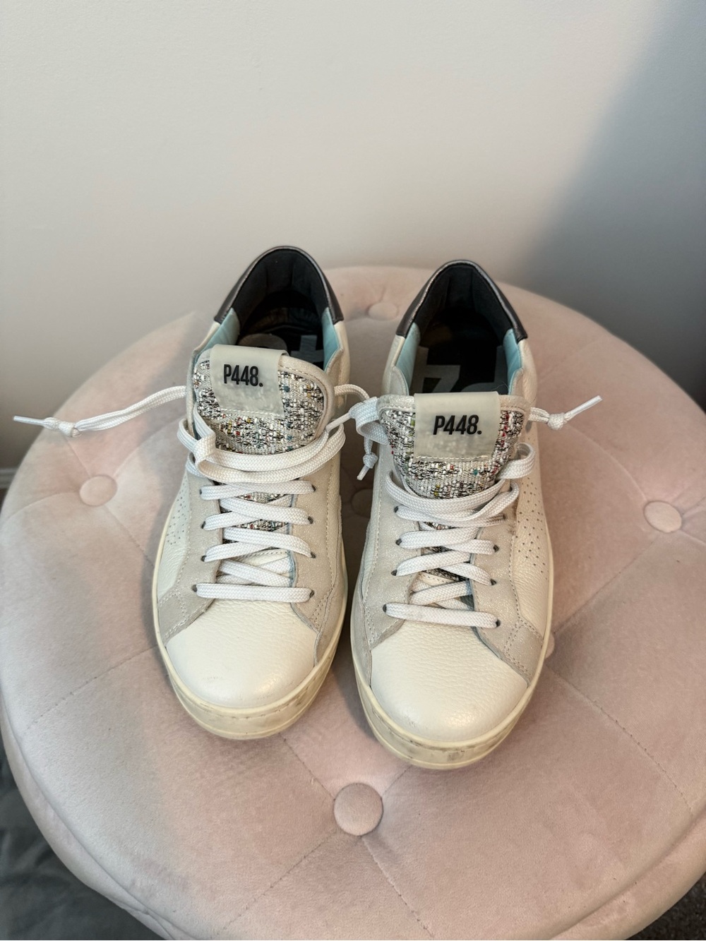 P448  White Sneakers with Tweed Tongue